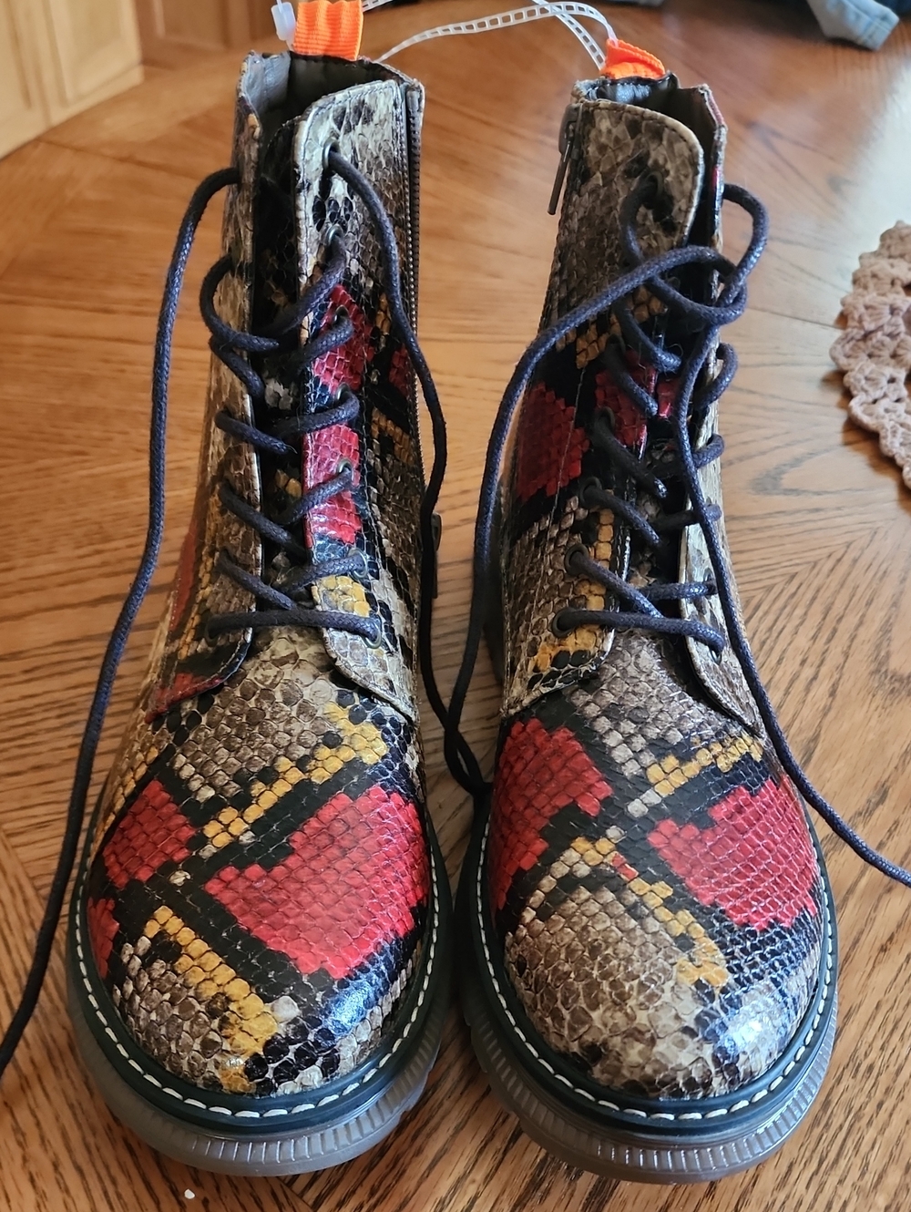 Jellypop Red and Tan Snake-Print Lace-Up Combat Boots